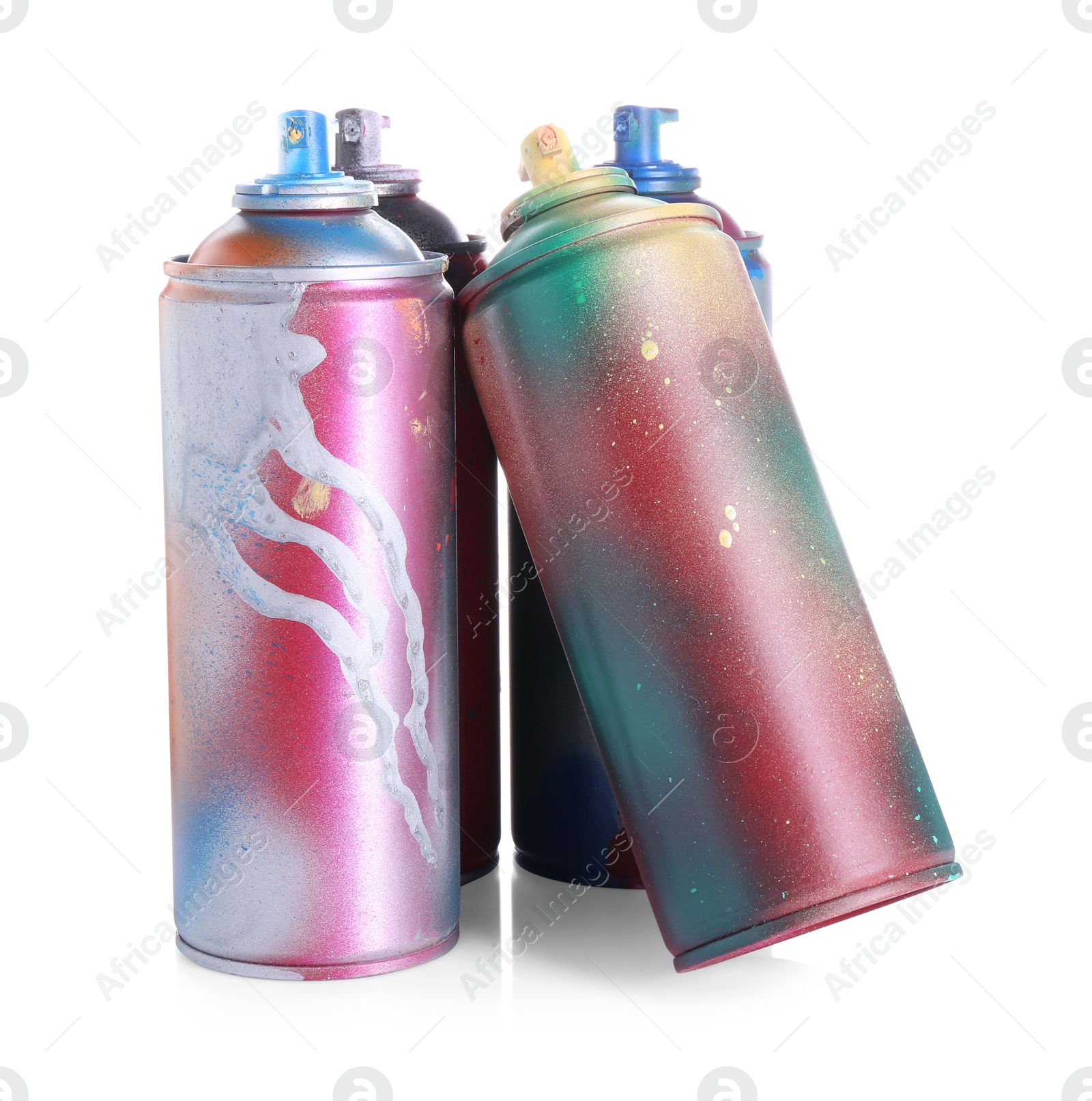 Photo of Many spray paint cans isolated on white