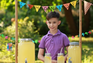 Photo of Cute boy at lemonade stand in park. Summer refreshing natural drink