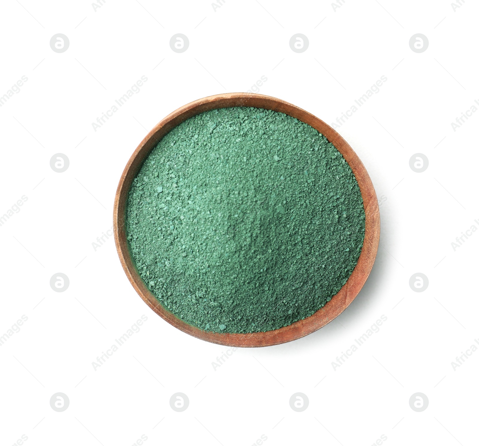 Photo of Bowl of spirulina algae powder isolated on white, top view