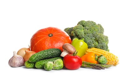 Different fresh ripe vegetables on white background