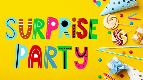 Image of Flat lay composition with different items for surprise party on yellow background