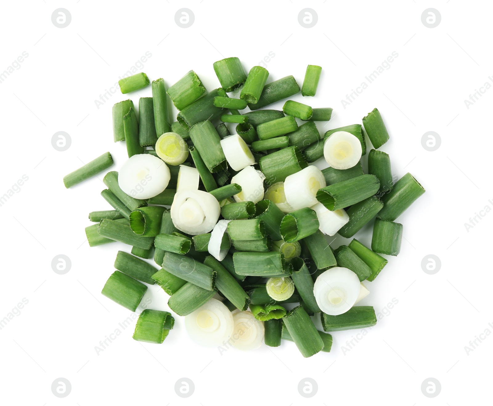 Photo of Cut green spring onion isolated on white, top view