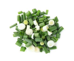 Cut green spring onion isolated on white, top view