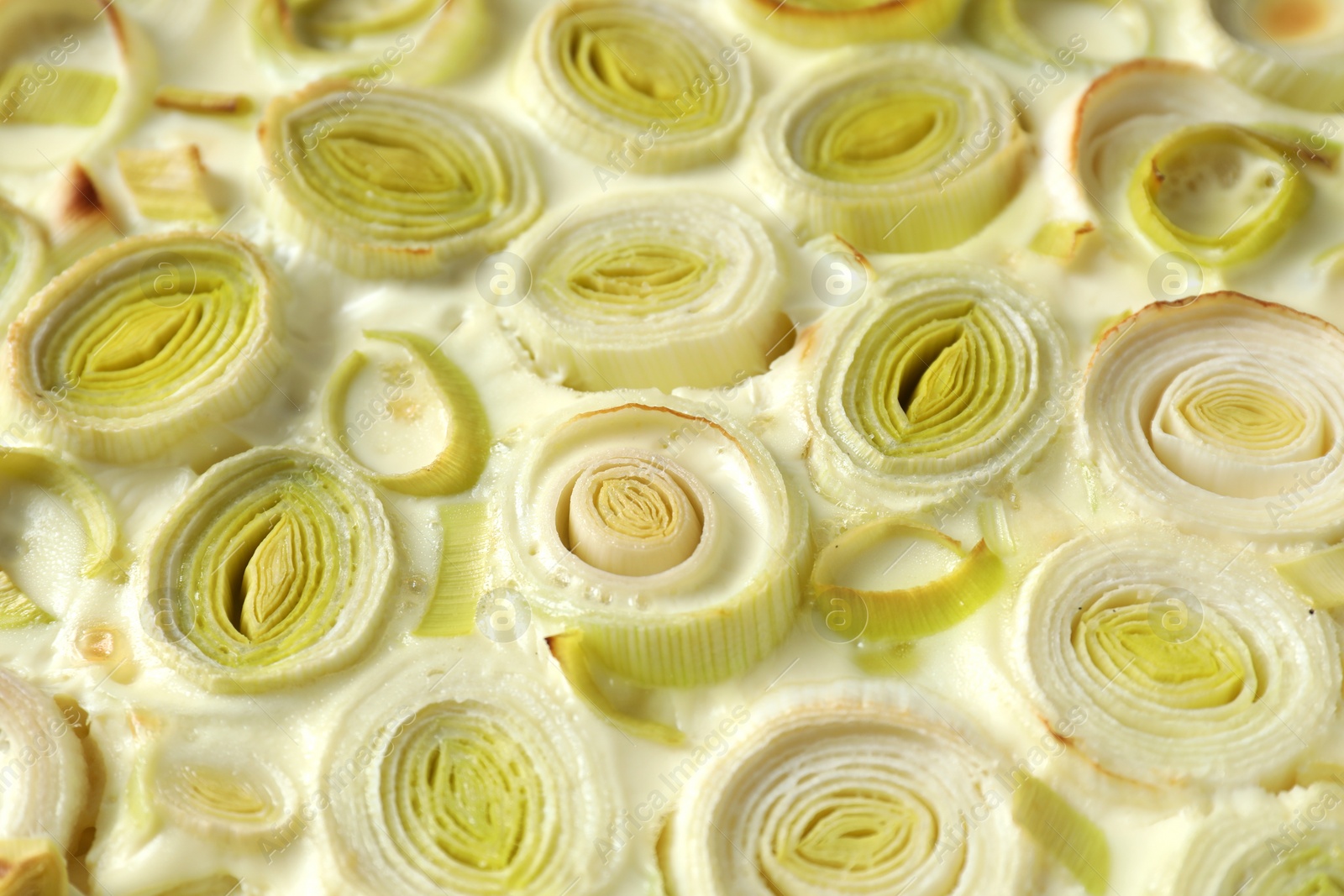 Photo of Tasty leek pie as background, closeup view