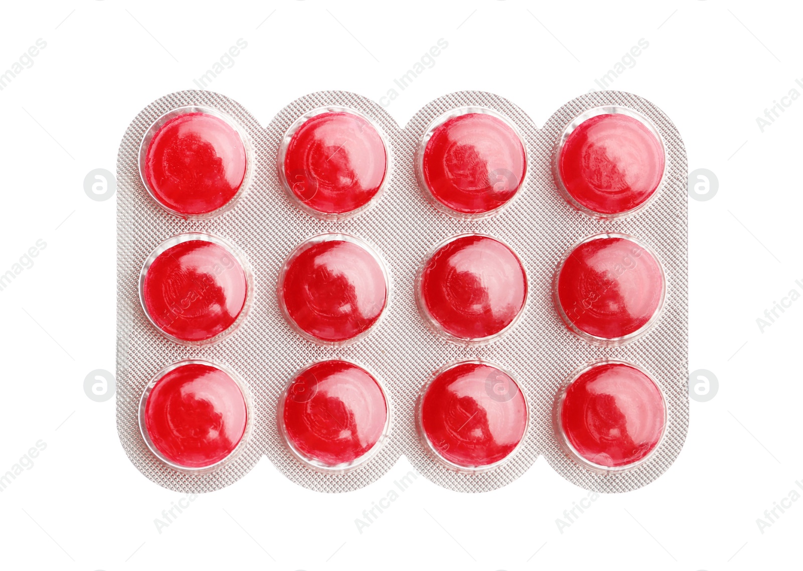 Photo of Pills in blister pack on white background, top view