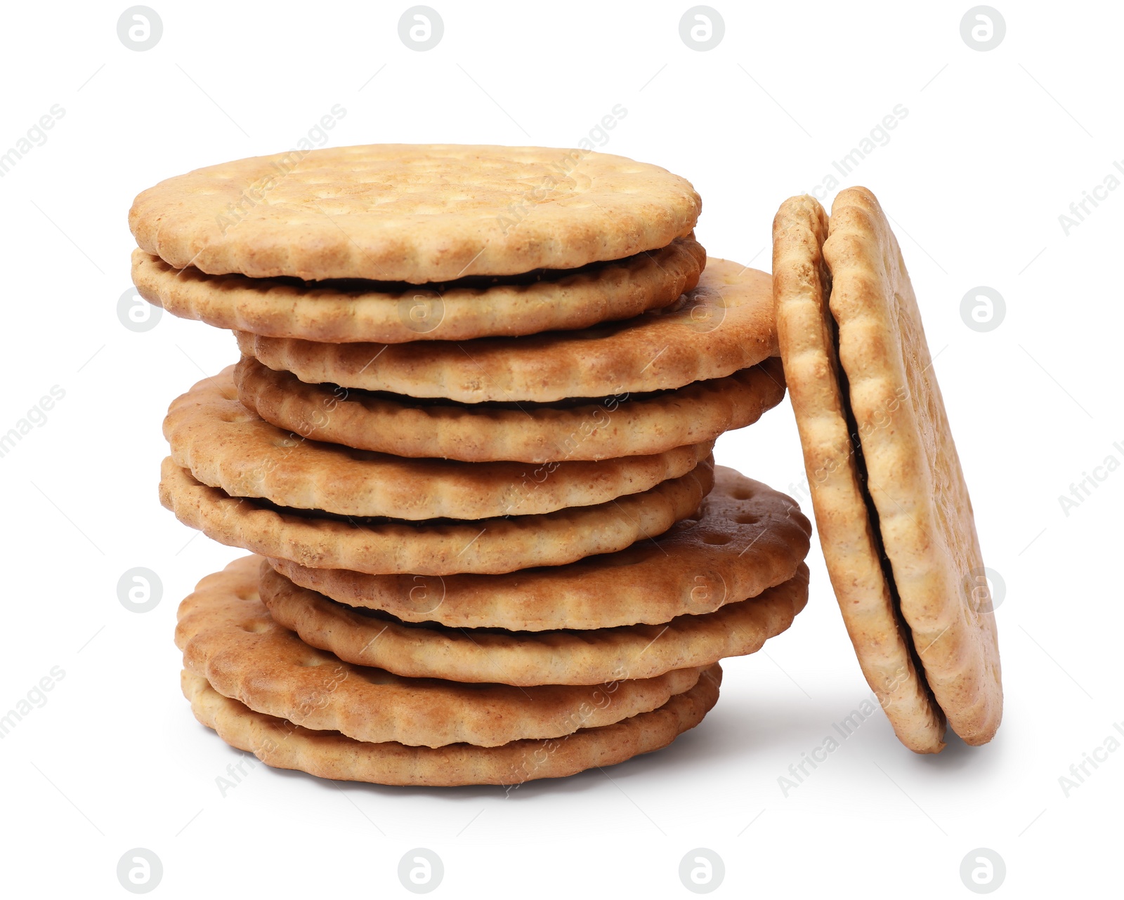 Photo of Stack of tasty sandwich cookies isolated on white