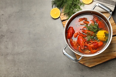 Fresh delicious crayfishes in pot on grey table, flat lay. Space for text