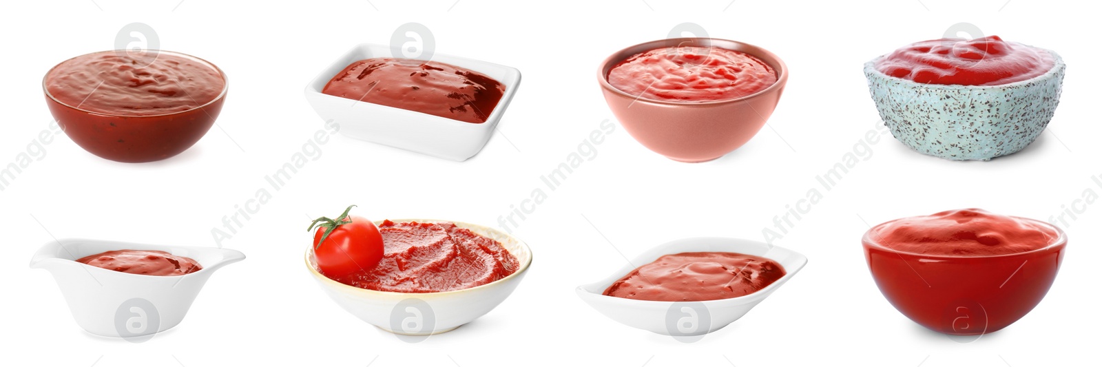 Image of Set of tomato sauces in bowls on white background. Banner design