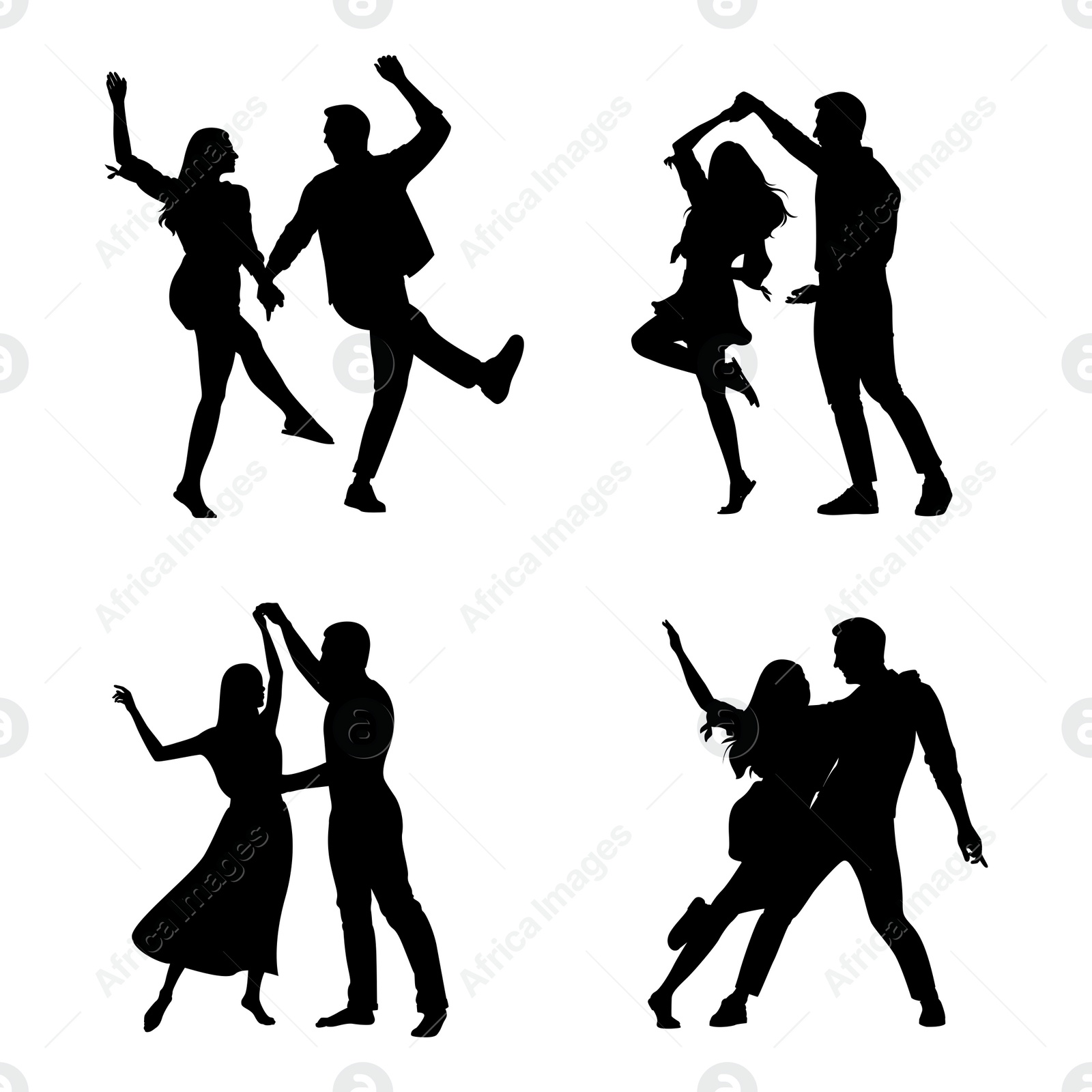 Illustration of Set of dancing couples, silhouettes on white background