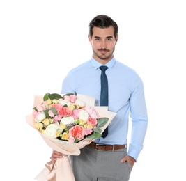 Young handsome man with beautiful flower bouquet on white background