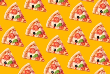 Image of Pizza slices on yellow background. Pattern design