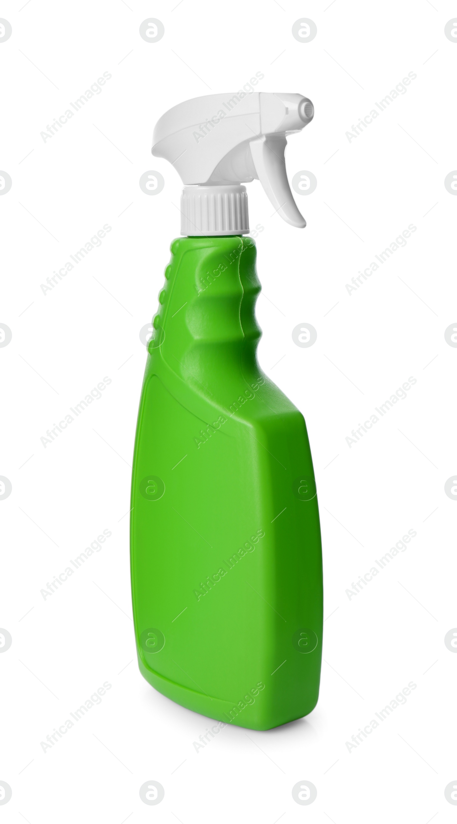 Photo of Green spray bottle of cleaning product isolated on white