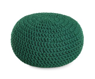 Stylish green knitted pouf isolated on white