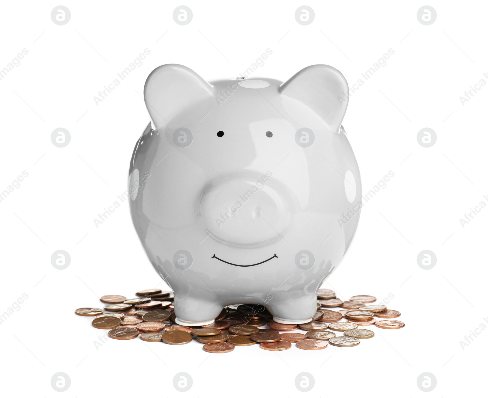 Photo of Piggy bank with coins on white background