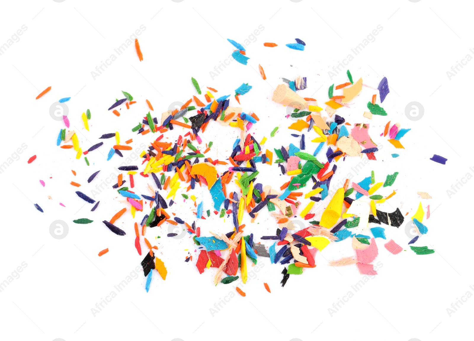 Photo of Colorful graphite crumbs on white background, top view. Pencil sharpening