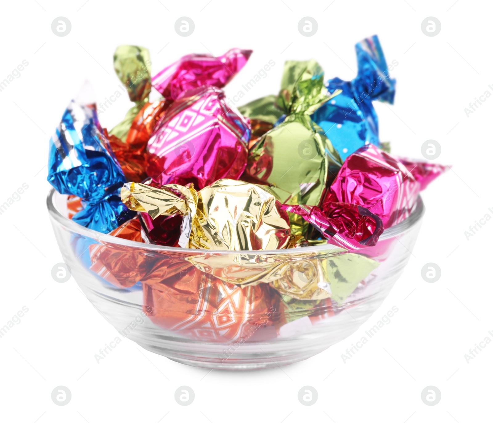 Photo of Bowl with candies in colorful wrappers isolated on white