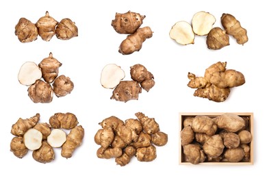 Image of Collage with Jerusalem artichokes on white background, top view