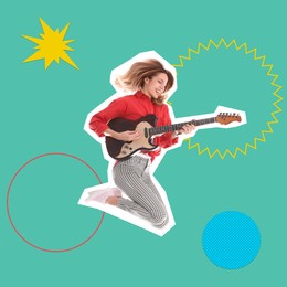 Image of Pop art poster. Young woman jumping while playing guitar on bright background, pin up style