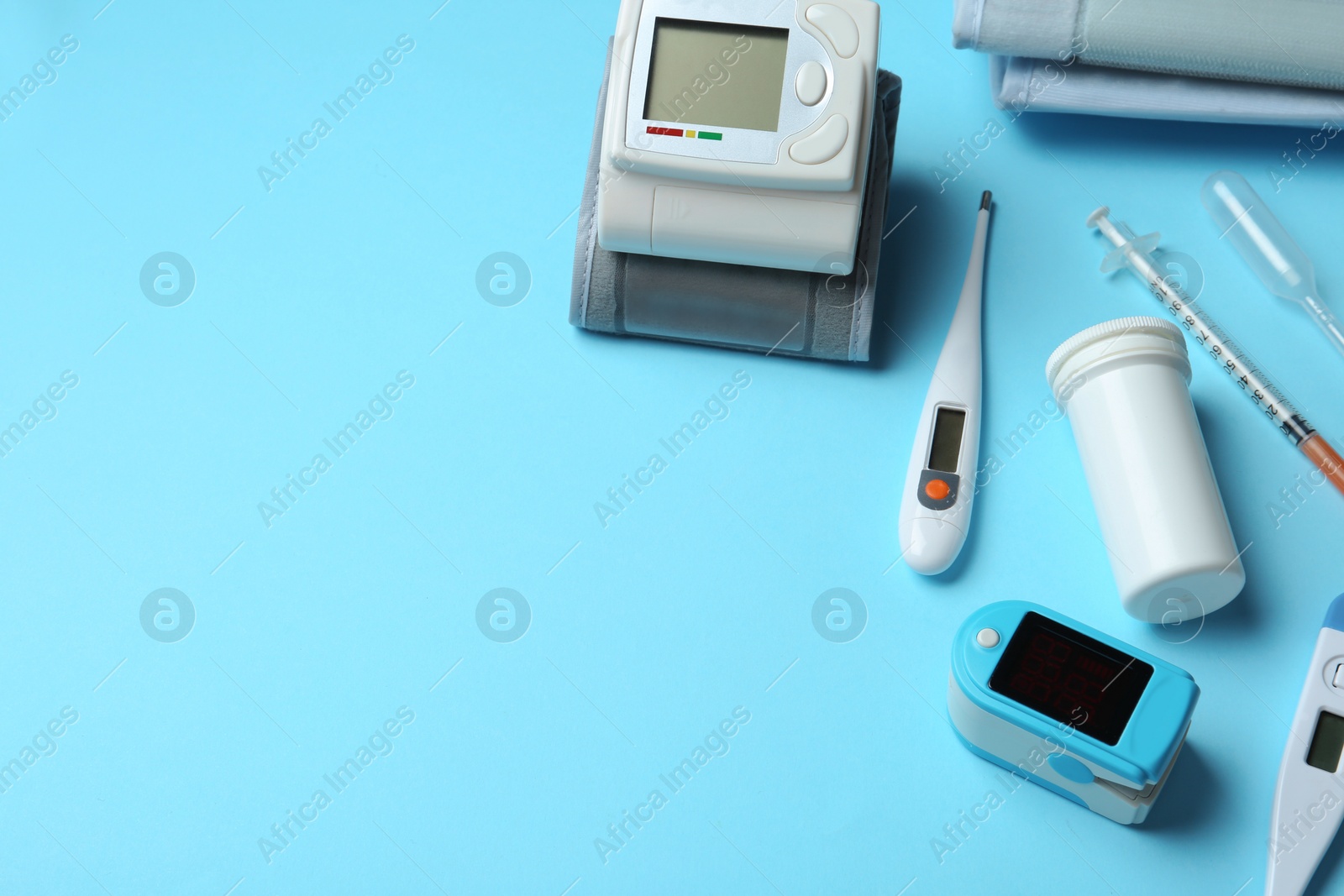 Photo of Different medical objects on color background. Space for text