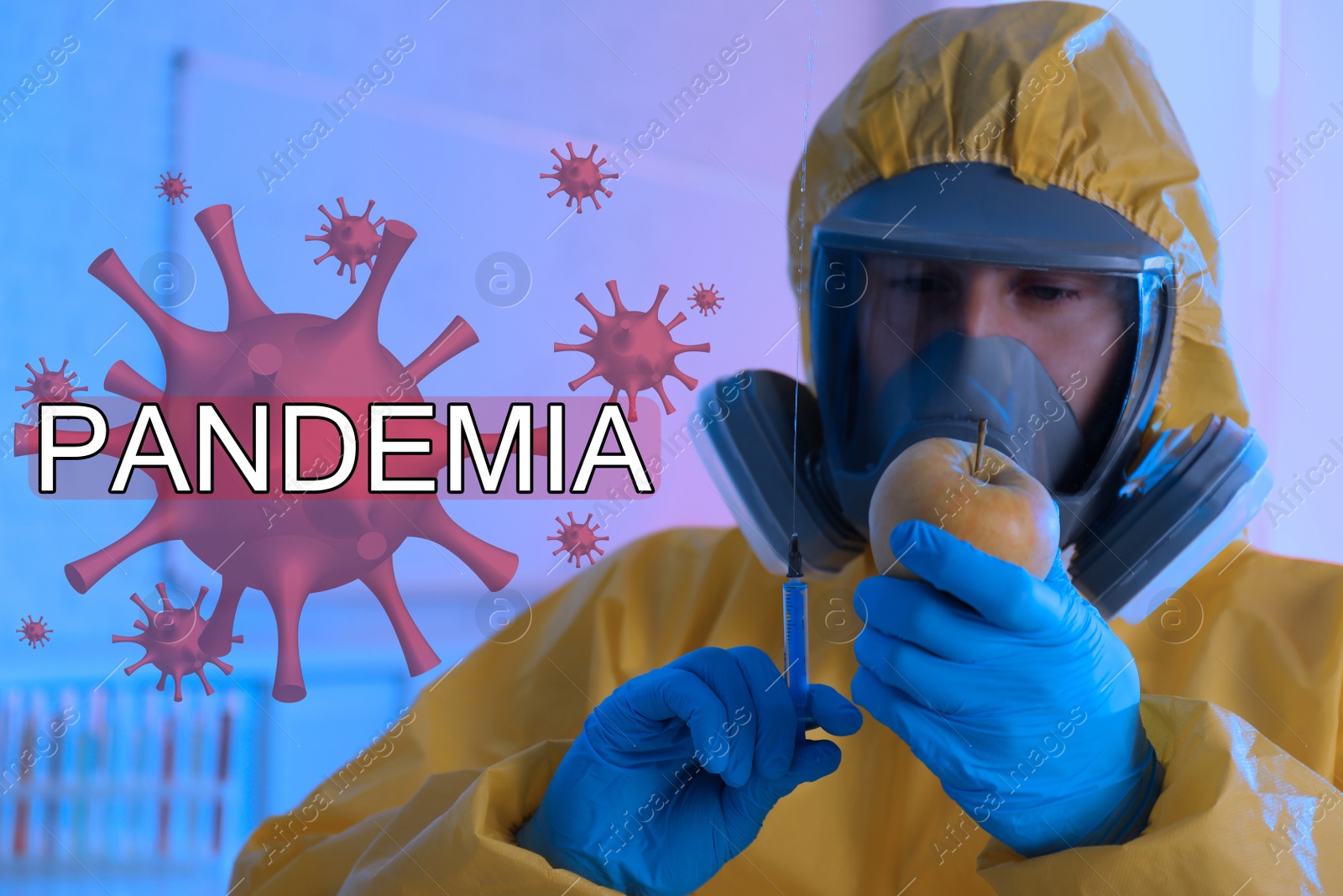 Image of Scientist in chemical protective suit with apple and syringe at laboratory. Vaccine research