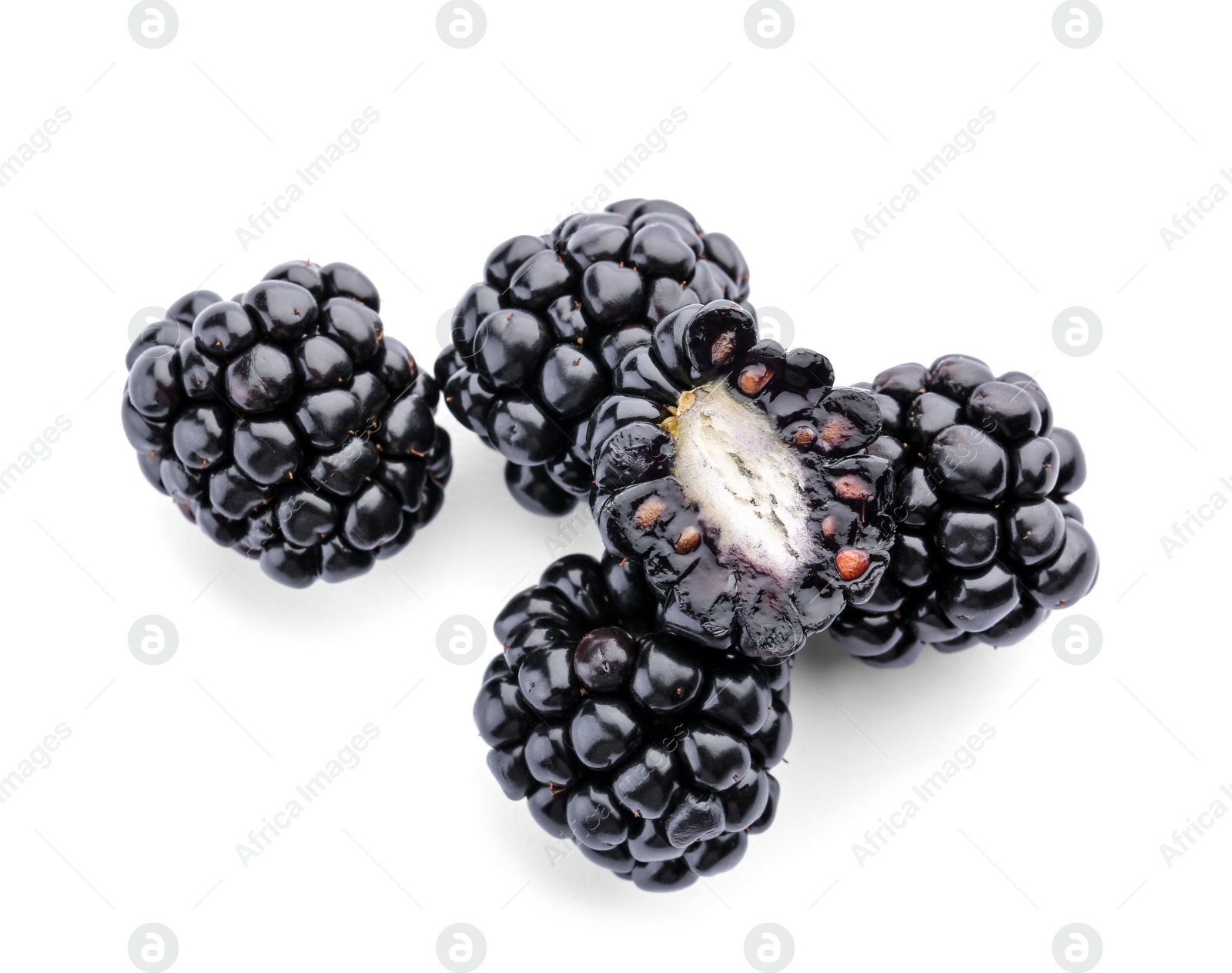 Photo of Tasty ripe blackberries on white background, top view