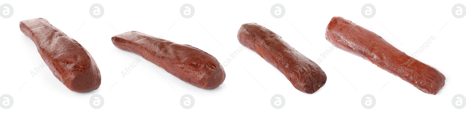 Image of Set with delicious dry-cured basturma on white background. Banner design