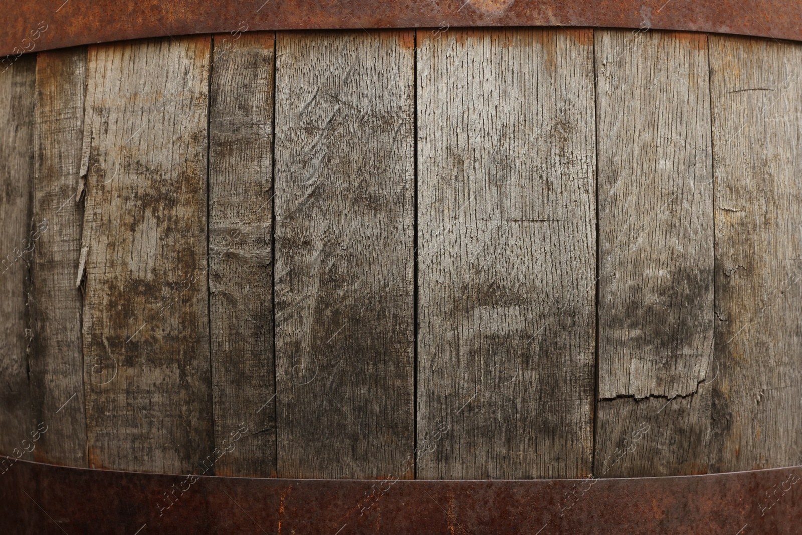 Photo of Traditional wooden barrel as background, closeup. Wine making