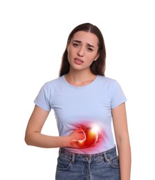 Woman suffering from abdominal pain on white background. Illustration of unhealthy stomach