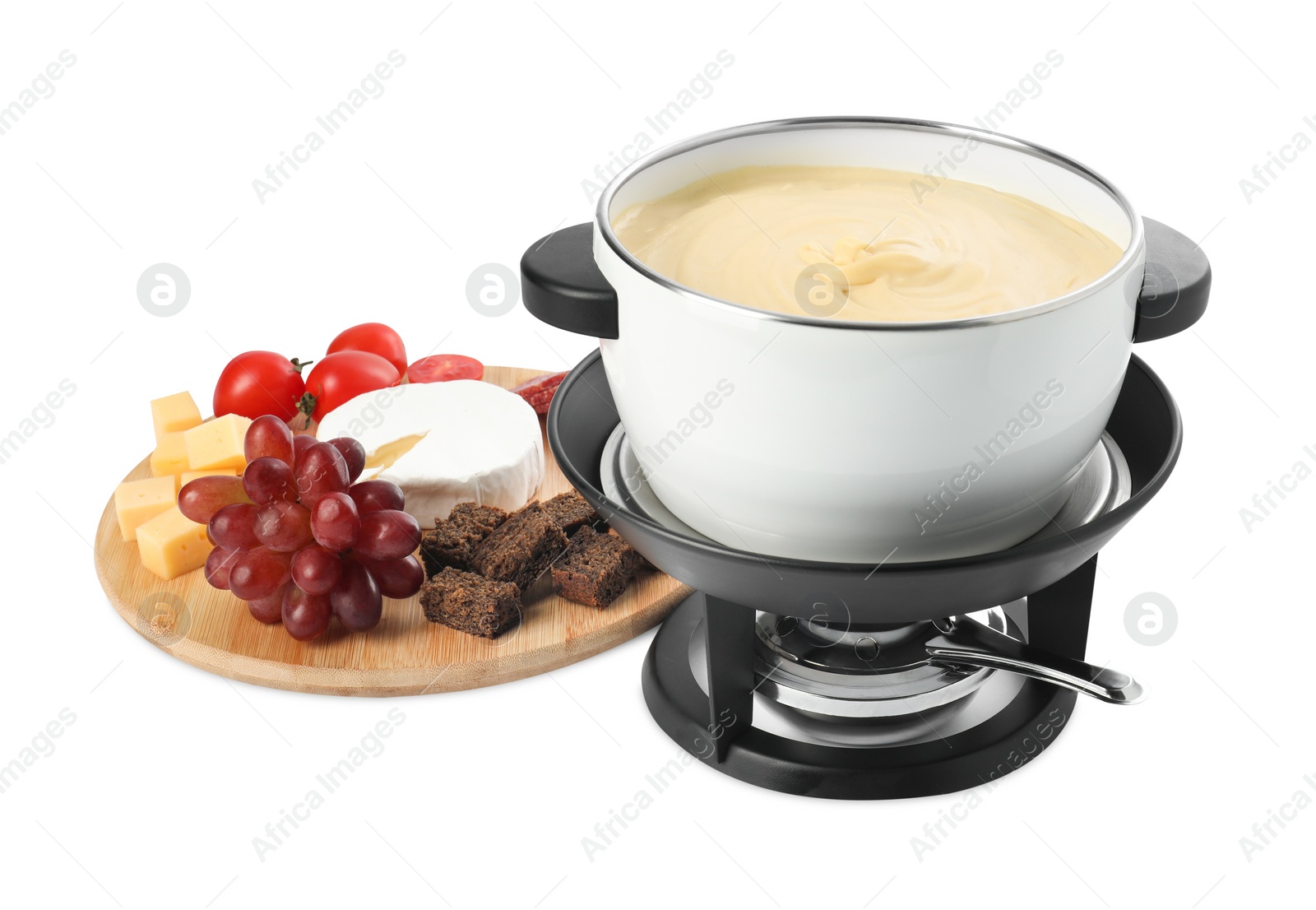 Photo of Fondue with tasty melted cheese and different snacks isolated on white