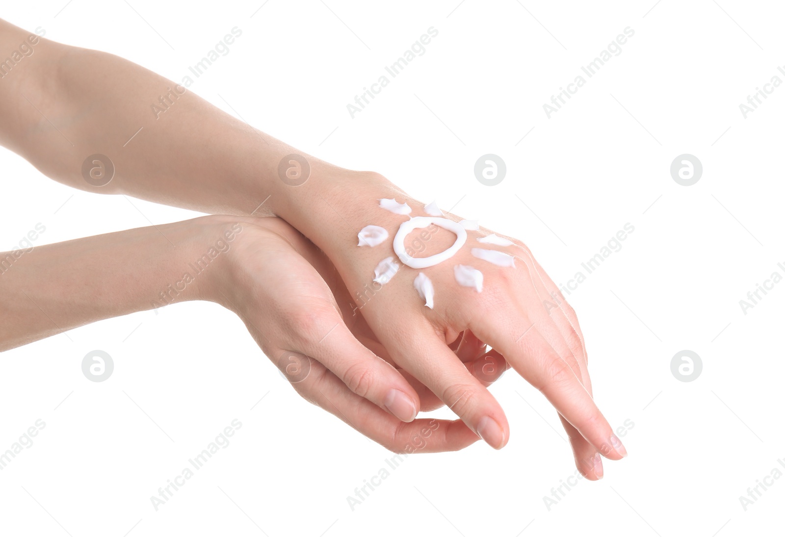 Photo of Young woman applying hand cream against on white background