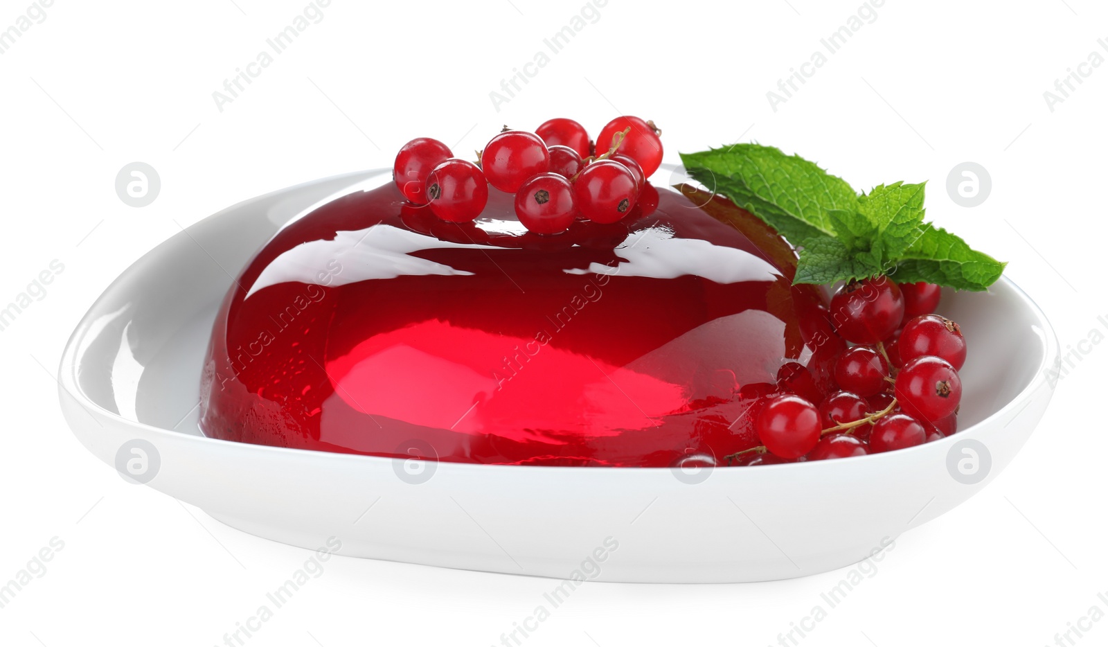 Photo of Delicious jelly with berries and mint on white background