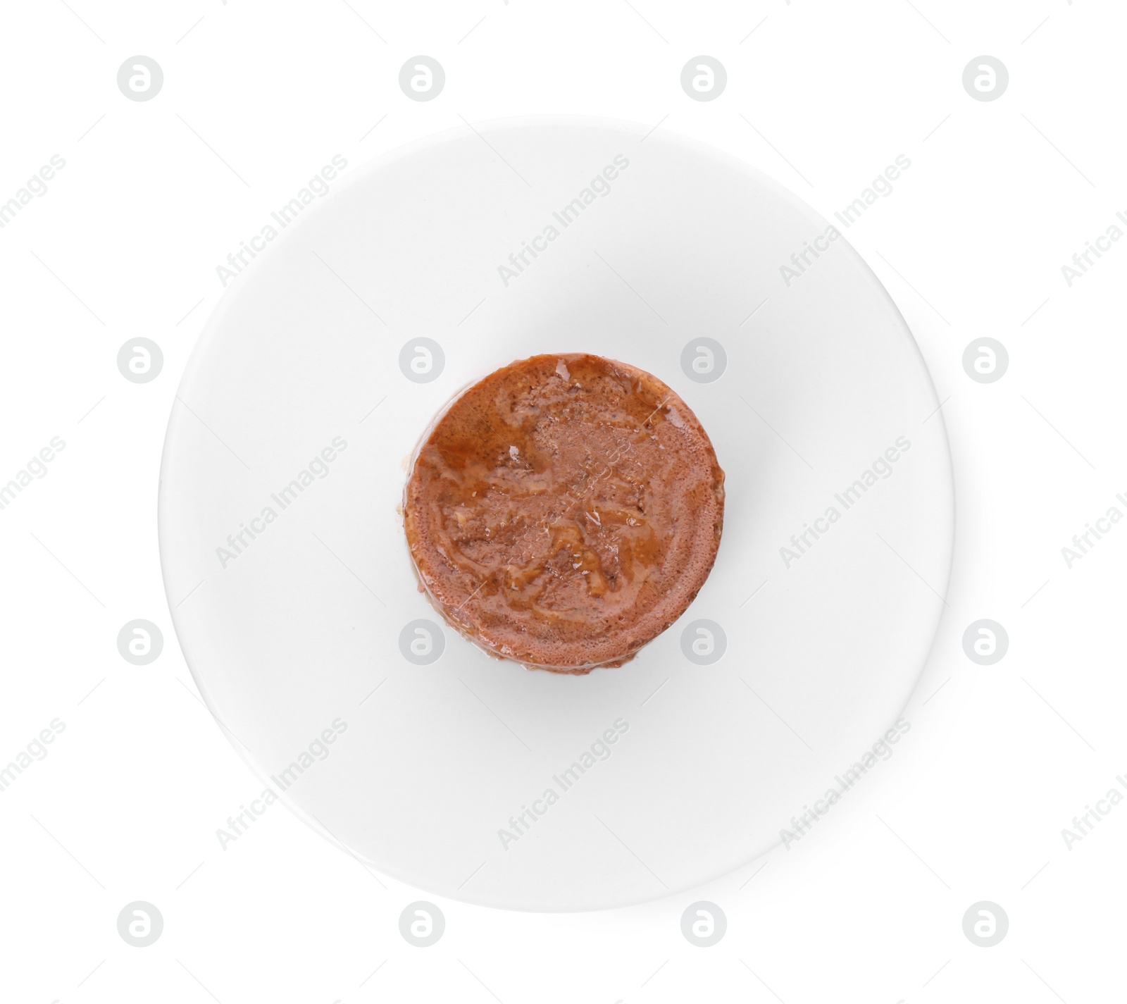 Photo of Wet pet food isolated on white, top view