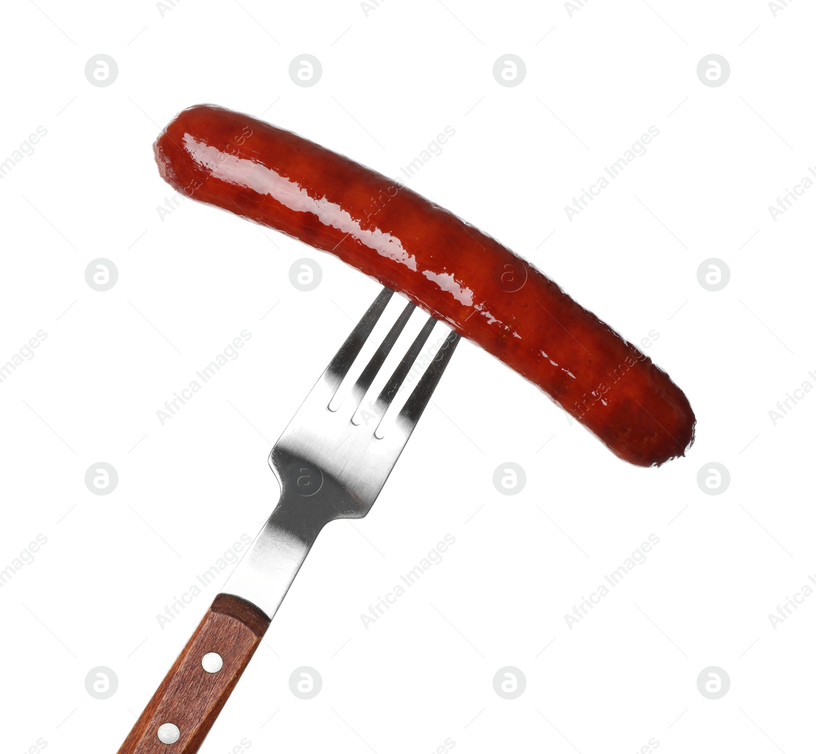 Photo of Delicious grilled sausage on fork against white background. Barbecue food