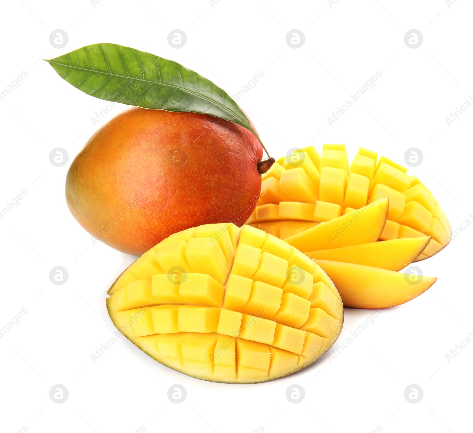 Photo of Delicious ripe mangoes on white background. Tropical fruit