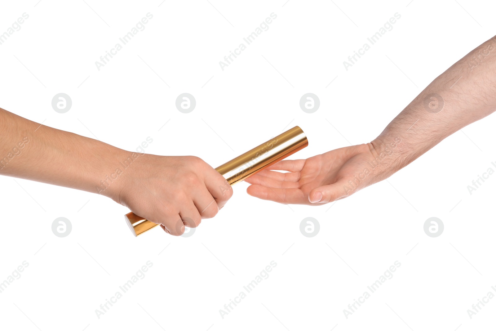 Photo of Man passing relay baton to teammate isolated on white, closeup