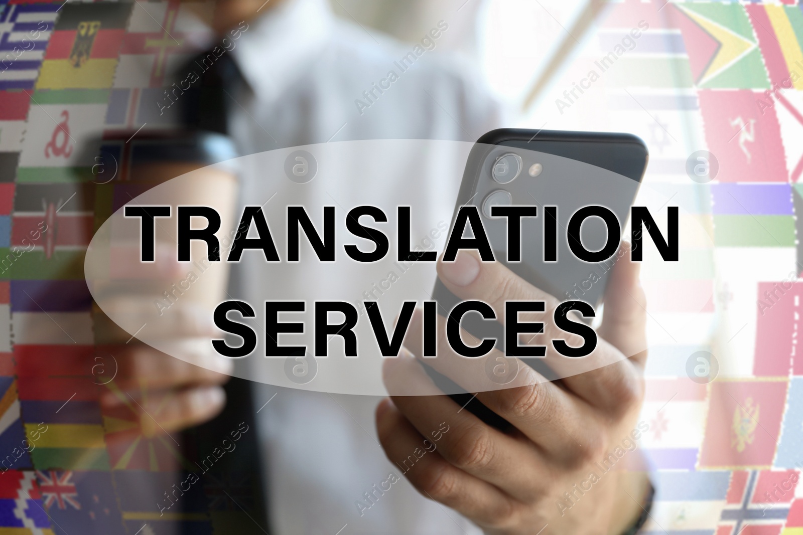 Image of Translation services. Man holding smartphone indoors, closeup