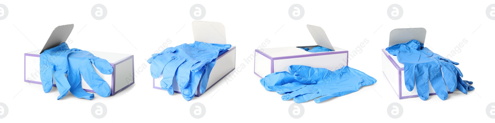 Image of Set of medical gloves on white background. Banner design