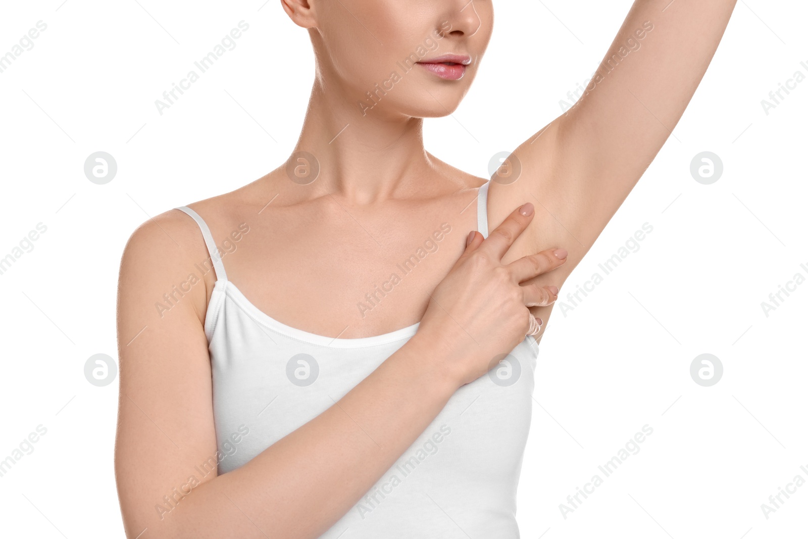 Photo of Woman showing armpit with smooth clean skin on white background, closeup