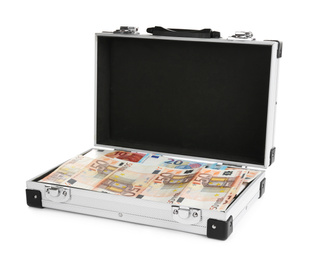 Photo of Open metal case full of money on white background