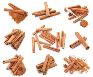 Image of Set with aromatic cinnamon sticks and powder on white background