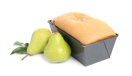 Photo of Tasty bread in baking dish and pears isolated on white. Homemade cake