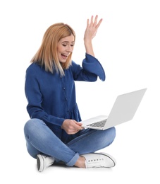 Photo of Woman using laptop for video chat isolated on white