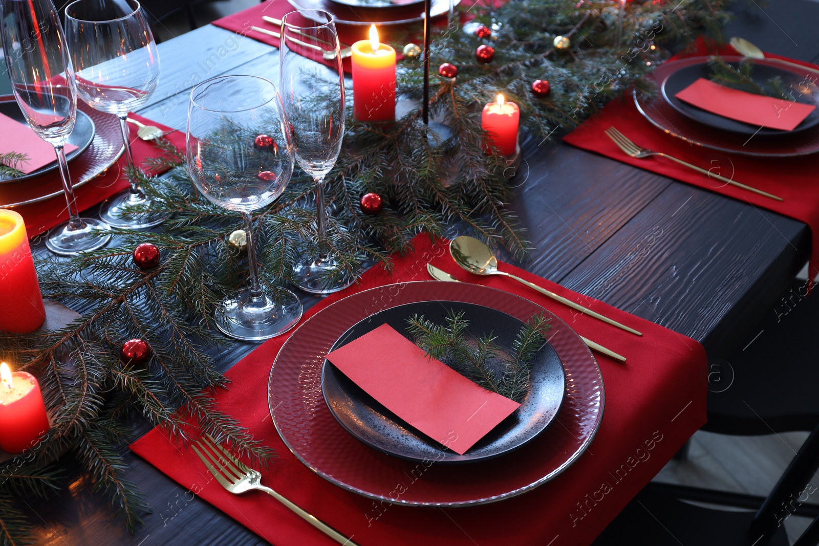 Photo of Elegant Christmas table setting with blank place cards and festive decor