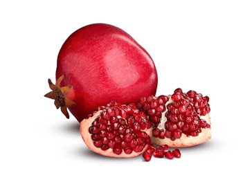 Image of Fresh ripe juicy pomegranates on white background