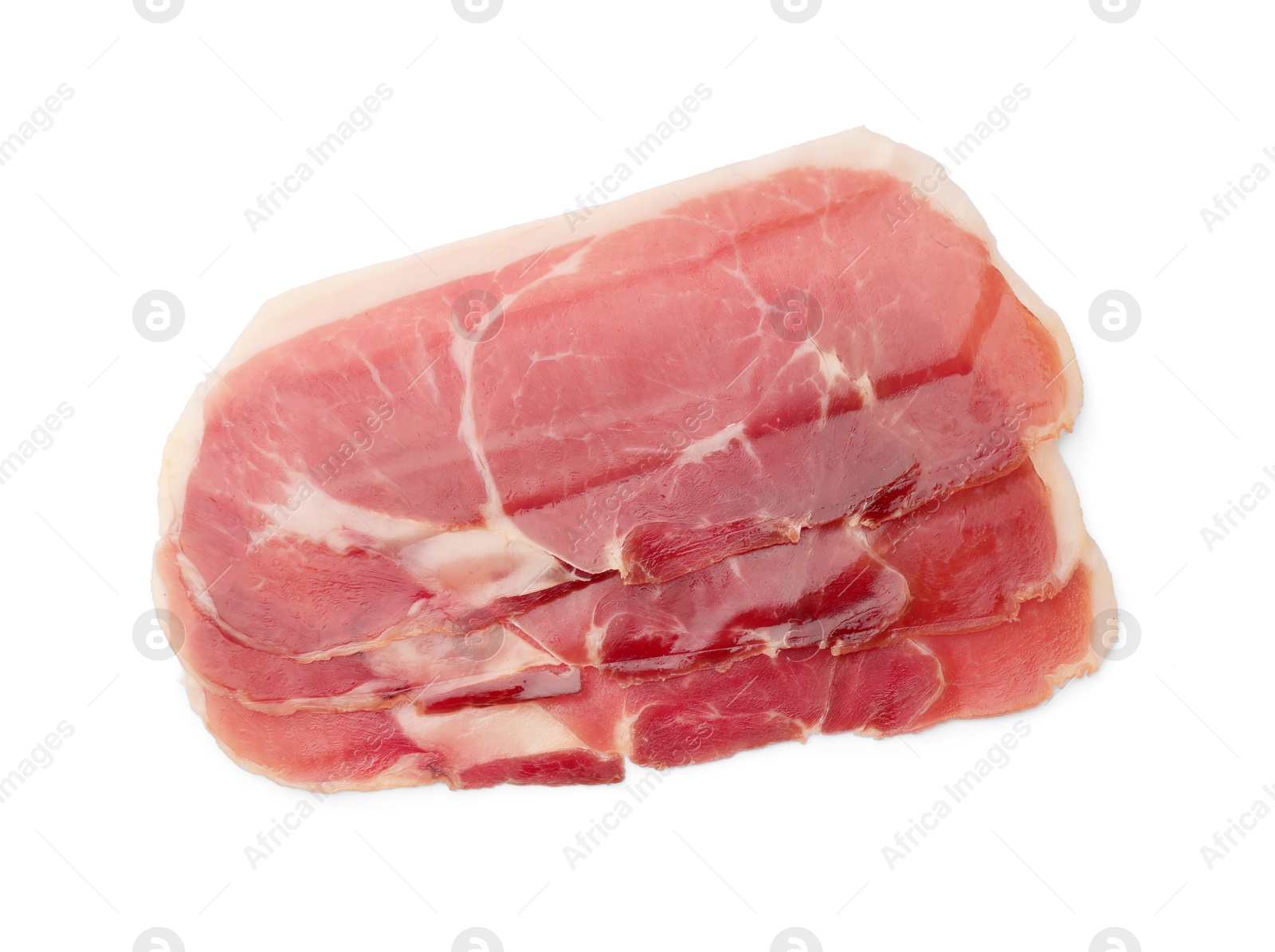 Photo of Slices of delicious jamon isolated on white, top view