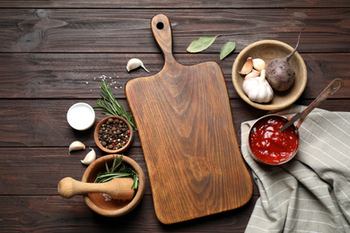 Photo of Fresh products on wooden table, flat lay. Healthy cooking