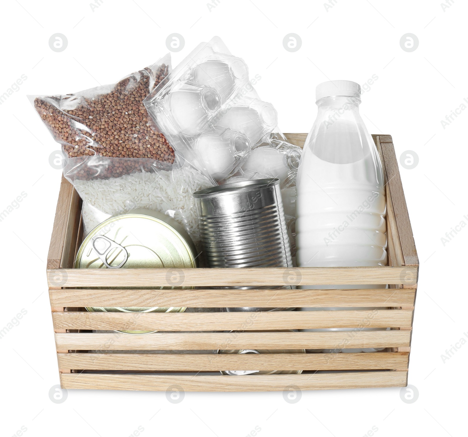 Photo of Donation box with food products isolated on white