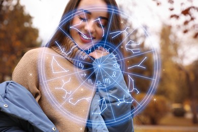 Beautiful young woman outdoors and zodiac wheel illustration