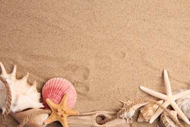 Beautiful starfishes, rope and sea shells on sand, flat lay. Space for text