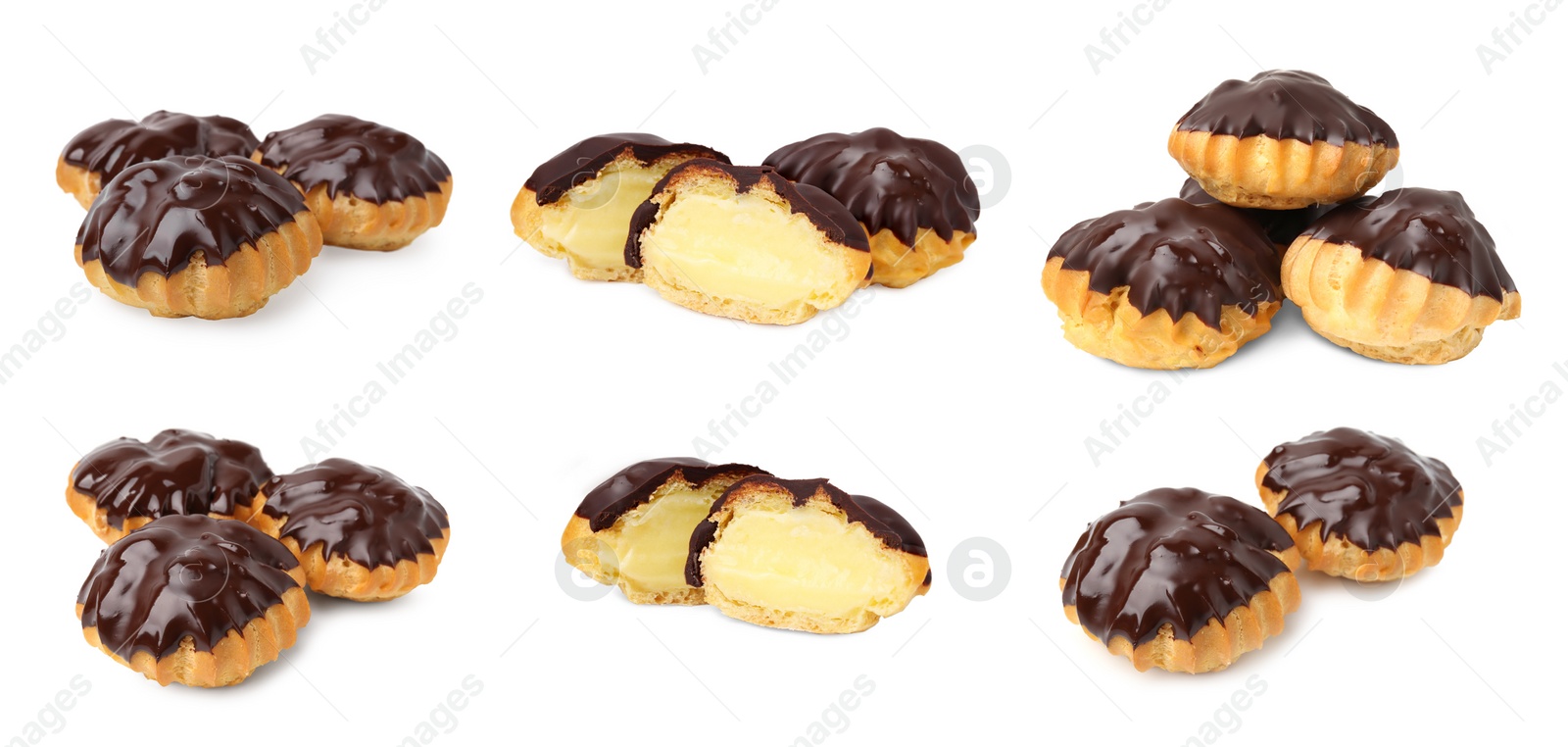 Image of Delicious profiteroles covered with chocolate on white background, collage design